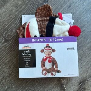 NWT Baby 6-12 M Sock Monkey Halloween Costume Jumpsuit Hat Tail